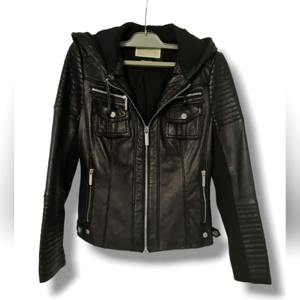 Authentic Michael Kors genuine leather hooded jacket size XS
